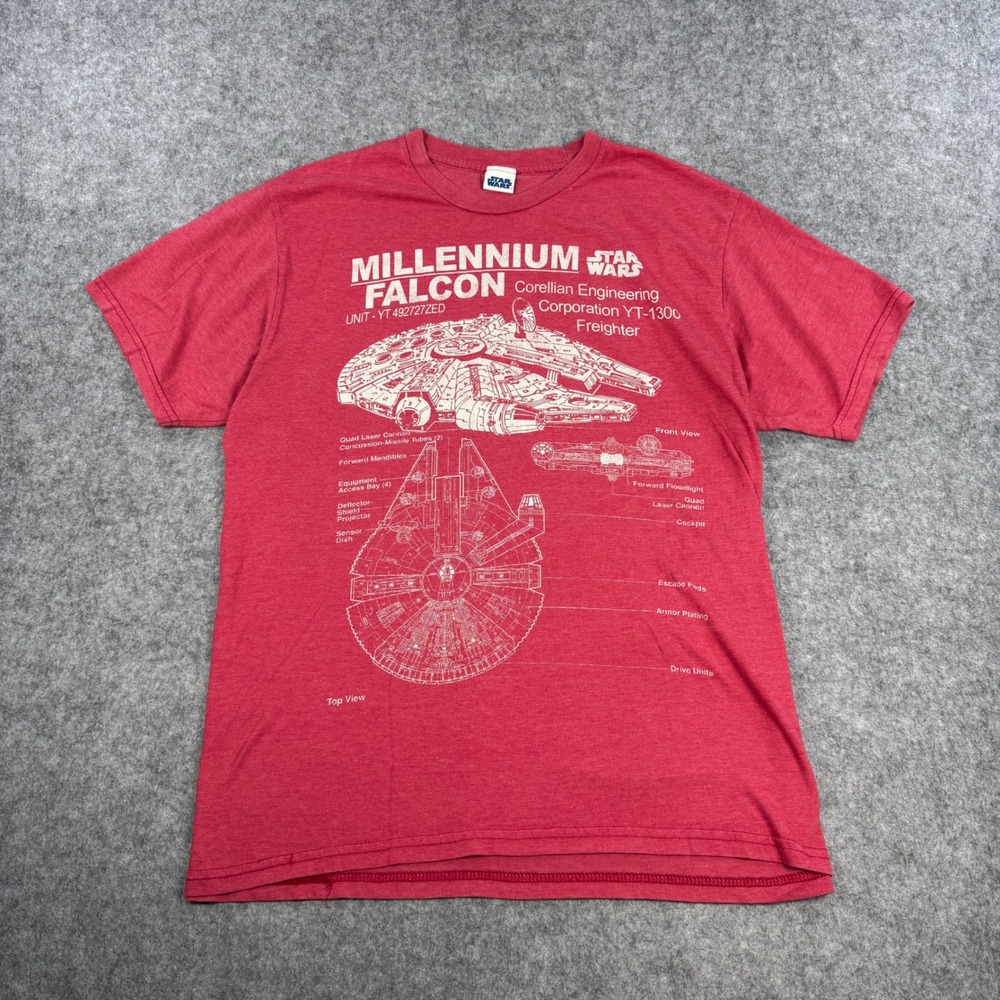 Vintage Star Wars Millennium Falcon T-Shirt Mens Large Red Lucasfilm Blueprint